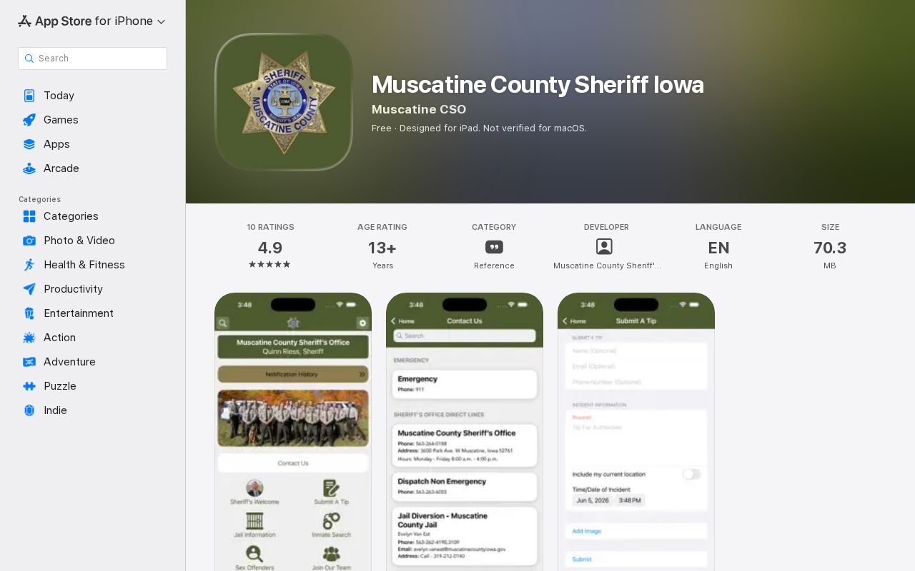 Apple listing for Muscatine County Sheriff Iowa booking app