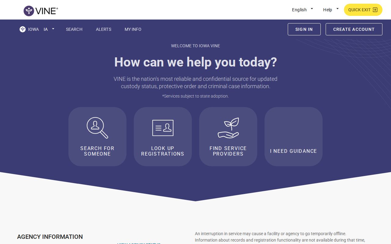 Iowa VINELink search screen for Muscatine County custody checks